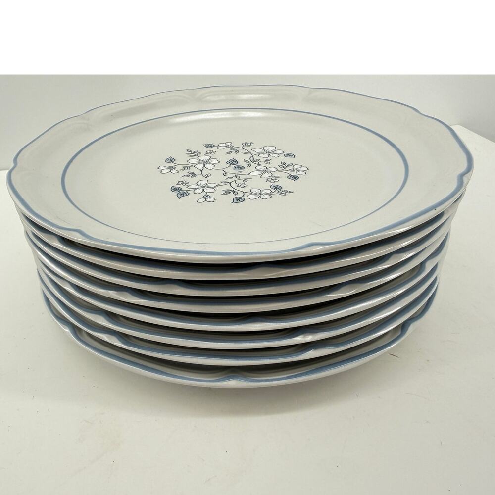 Covington Avondale Stoneware Dinner Plates Blue Floral Scalloped Set Of 8 10.5